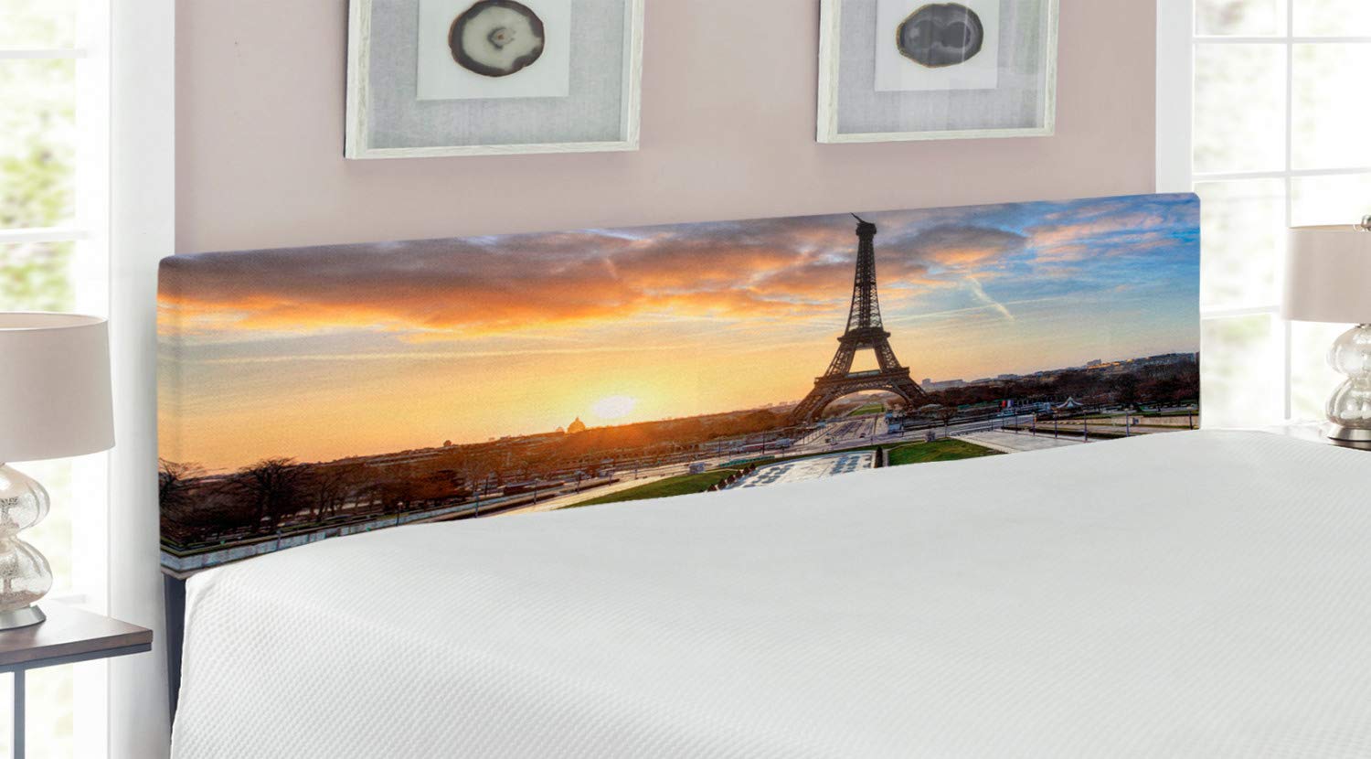 Ambesonne Eiffel Tower Headboard - Sunrise in Paris French Holiday Scenic Print Upholstered Metal Bed Headboard with Memory Foam | King Size Blue & Yellow Coconut Design | Perfect for Bedroom Decor, Paris-Themed Rooms & Vacation Home Styling