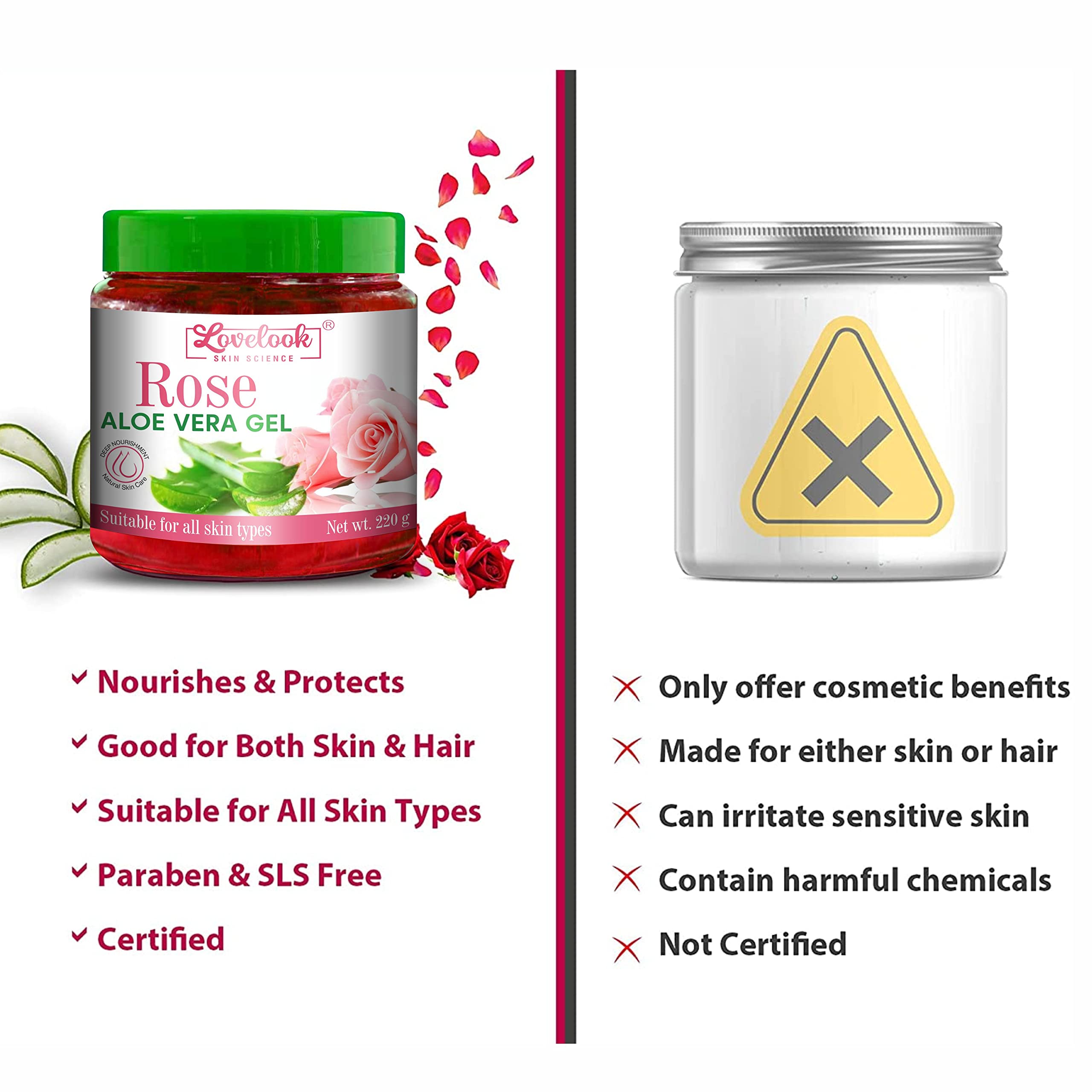 Lovelook 100% Pure Rose Aloe Vera Gel for Skin & Hair Care - 8oz (220g) - Hydrating Face Moisturizer, Sunburn Relief & Hair Conditioner - Perfect for Daily Skincare Routine & After Sun Treatment