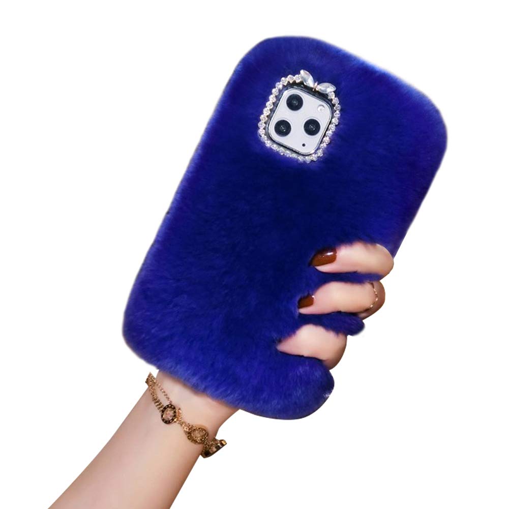 Luxury Crystal Rhinestone iPhone 11 Case with Butterfly Bling & Rabbit Fur - Elegant Fluffy Warm Cover for Women & Girls (Blue) - Perfect for Winter Fashion & Holiday Gifts