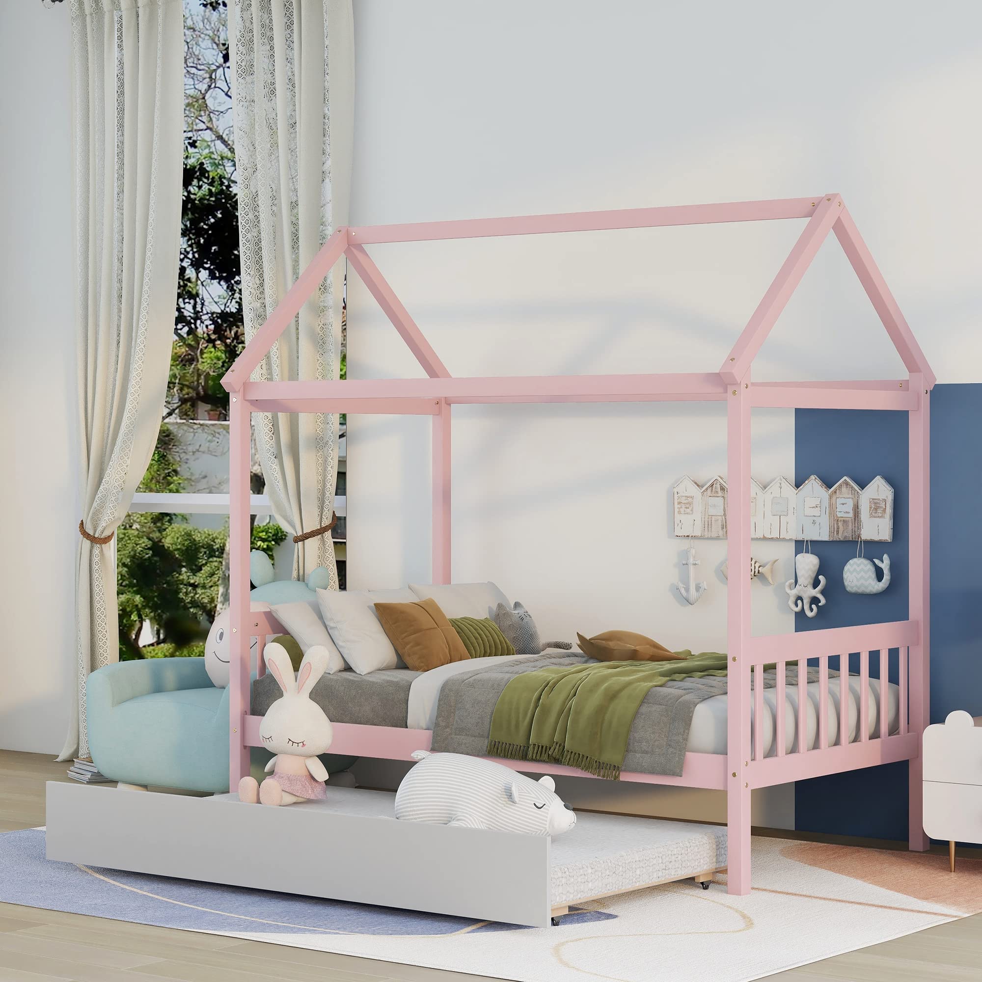 Twin Size House Bed with Trundle - Wooden Platform Bed Frame for Kids, Girls & Boys - Pink Children's Bedroom Furniture for Playtime & Sleepovers