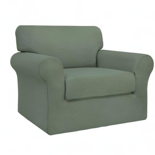 2-Piece Stretch Couch Cover for Dogs & Pets - Washable Sofa Slipcover with Elastic Jacquard Fabric - Protects Furniture from Pets & Kids (Greyish Green, Chair Size) - Perfect for Living Room, Pet-Friendly Homes & Family Use