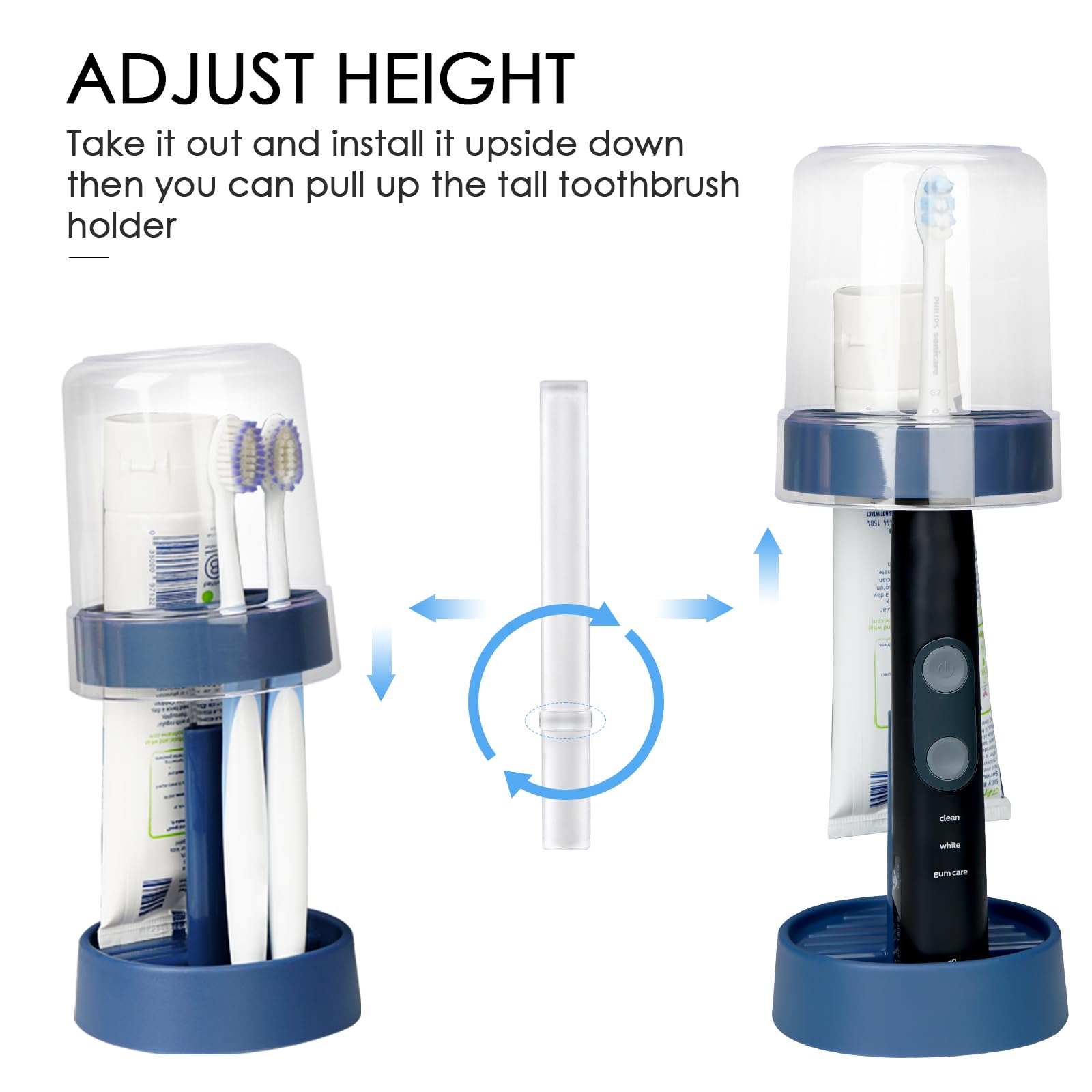 Adjustable Toothbrush Holder Stand for Bathroom - Universal Fit for Electric & Manual Toothbrushes with Toothpaste Storage & Cup - Blue - Perfect for Organized Countertops & Travel Use