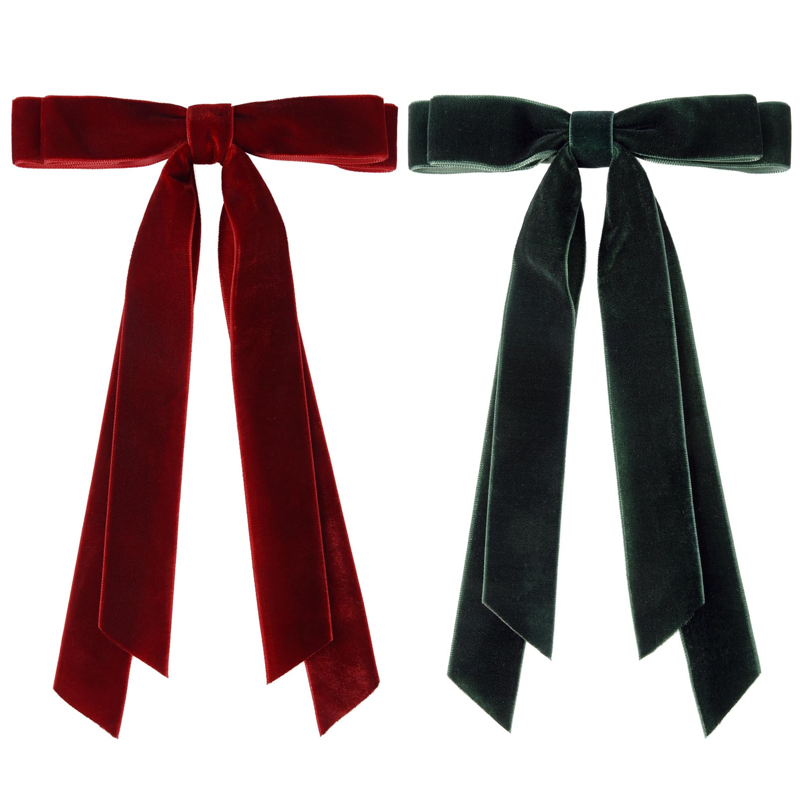 2PCS Velvet Hair Bows - Wine Red & Green Ribbon Hair Clips with Metal Slides | Ponytail Holder for Women, Girls, Toddlers, Teens & Kids | Perfect for Parties, Weddings & Daily Hair Accessories