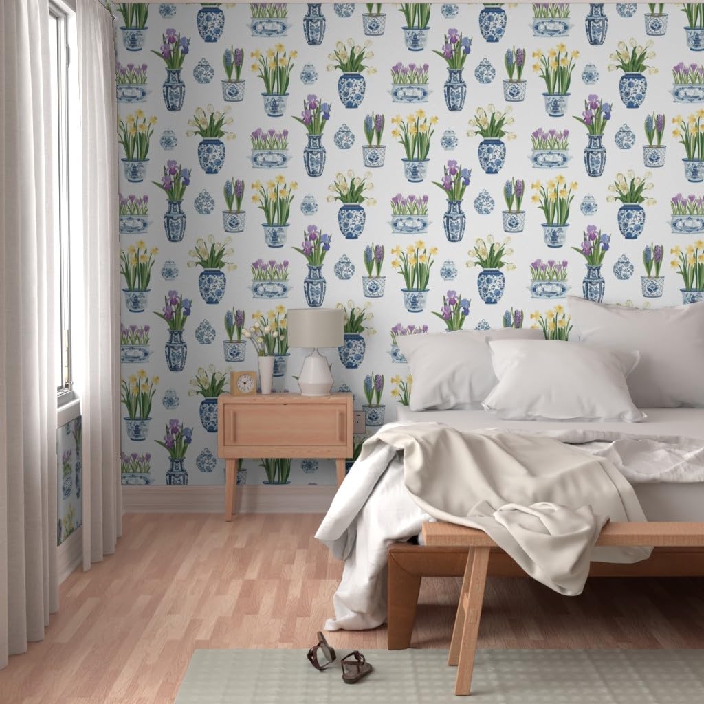 Premium Commercial Grade Wallpaper 27ft x 2ft - Floral Pots, Vases & Tulips Chinoiserie Delft Traditional Design | Spoonflower | Perfect for Living Room, Bedroom & Dining Room Decor