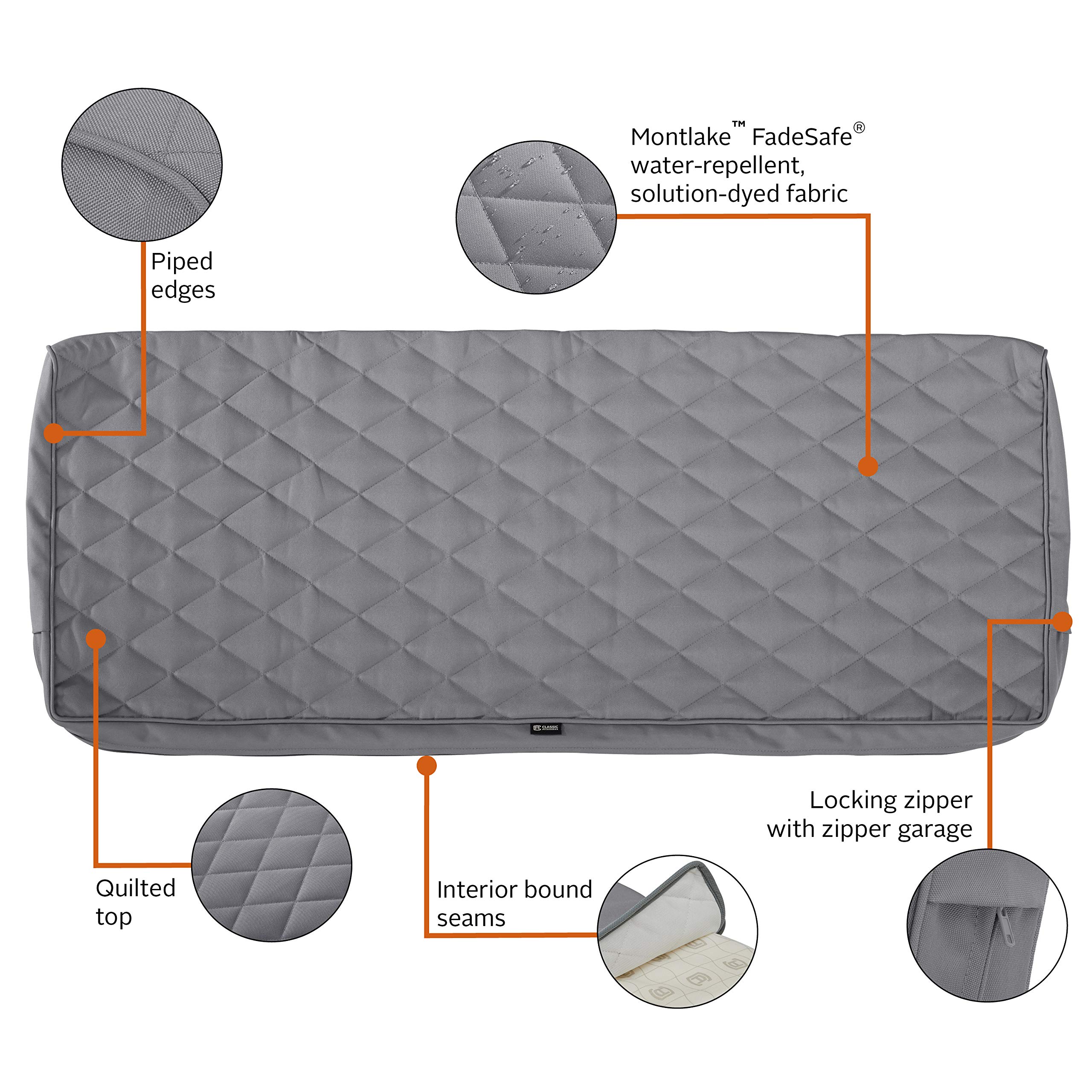 FadeSafe Water-Resistant Patio Bench Cushion Cover, 42x18x3 Inch, Grey - Outdoor Furniture Protection