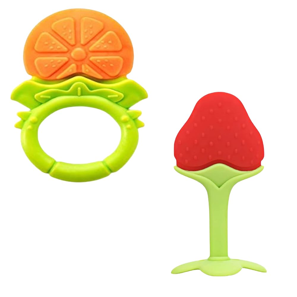 Joy Buzz Fruit Teether & Teether Combo - BPA-Free Silicone Baby Teething Toys for 0-12 Months | Soft & Safe Infant Gum Massagers | Yellow & Red | Perfect for Soothing Sore Gums at Home or On-the-Go