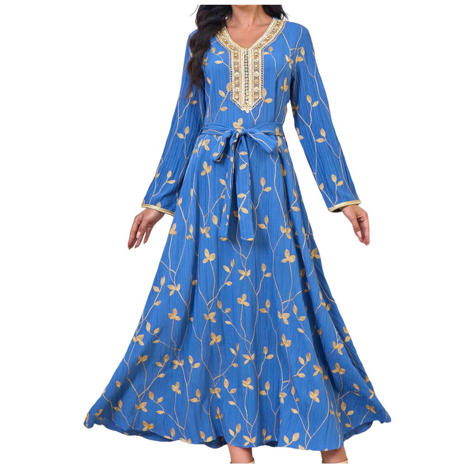 Elegant Muslim Maxi Dress for Women 2025 - V Neck Long Sleeve Flowy Floral Printed Dress - Loose Casual Abaya - Perfect for Prayer, Eid, Wedding & Daily Wear