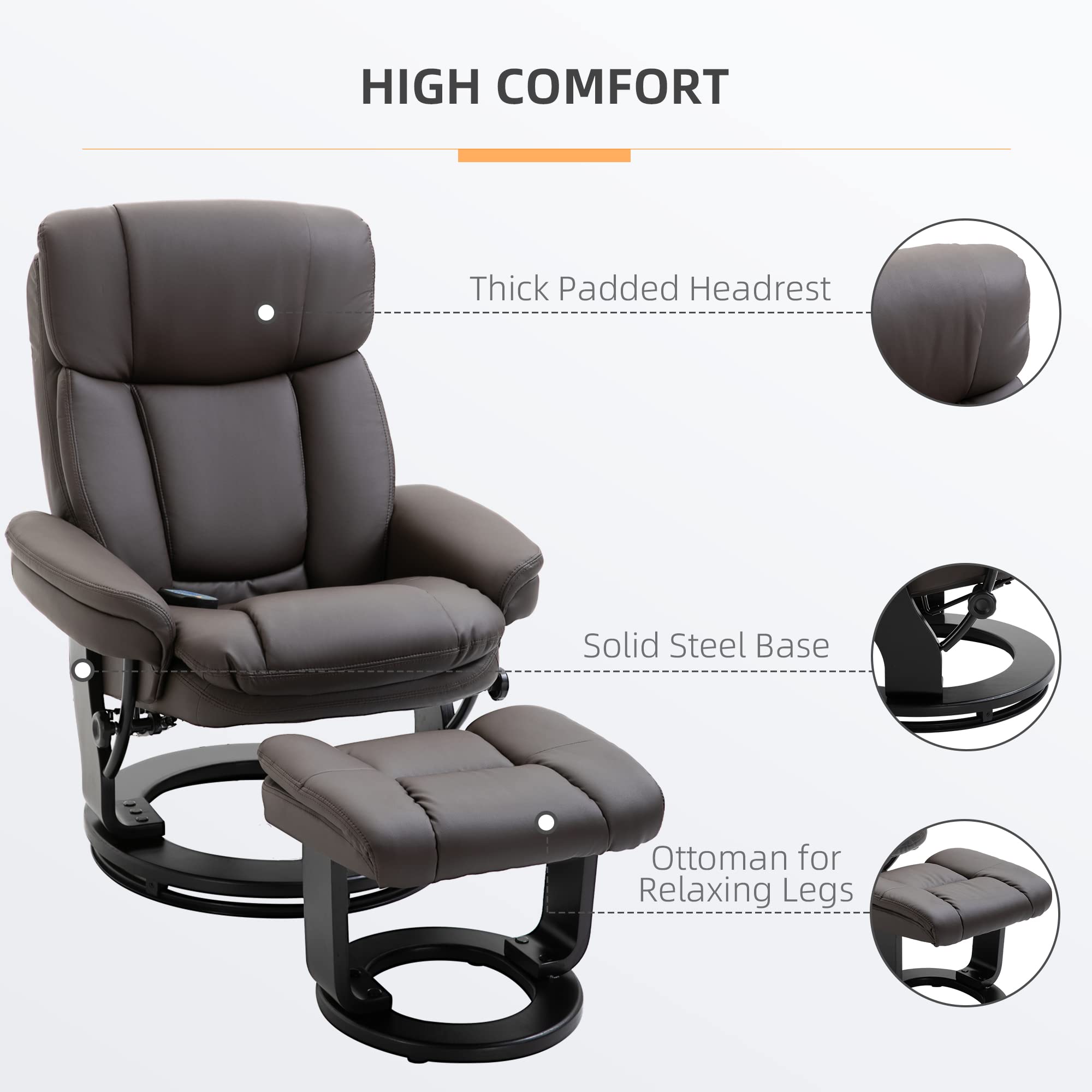 Premium HOMCOM PU Leather Massage Recliner Chair with Ottoman - 10-Point Vibration, 360° Swivel & Adjustable Armchair in Brown | Perfect for Living Room, Home Theater & Relaxation