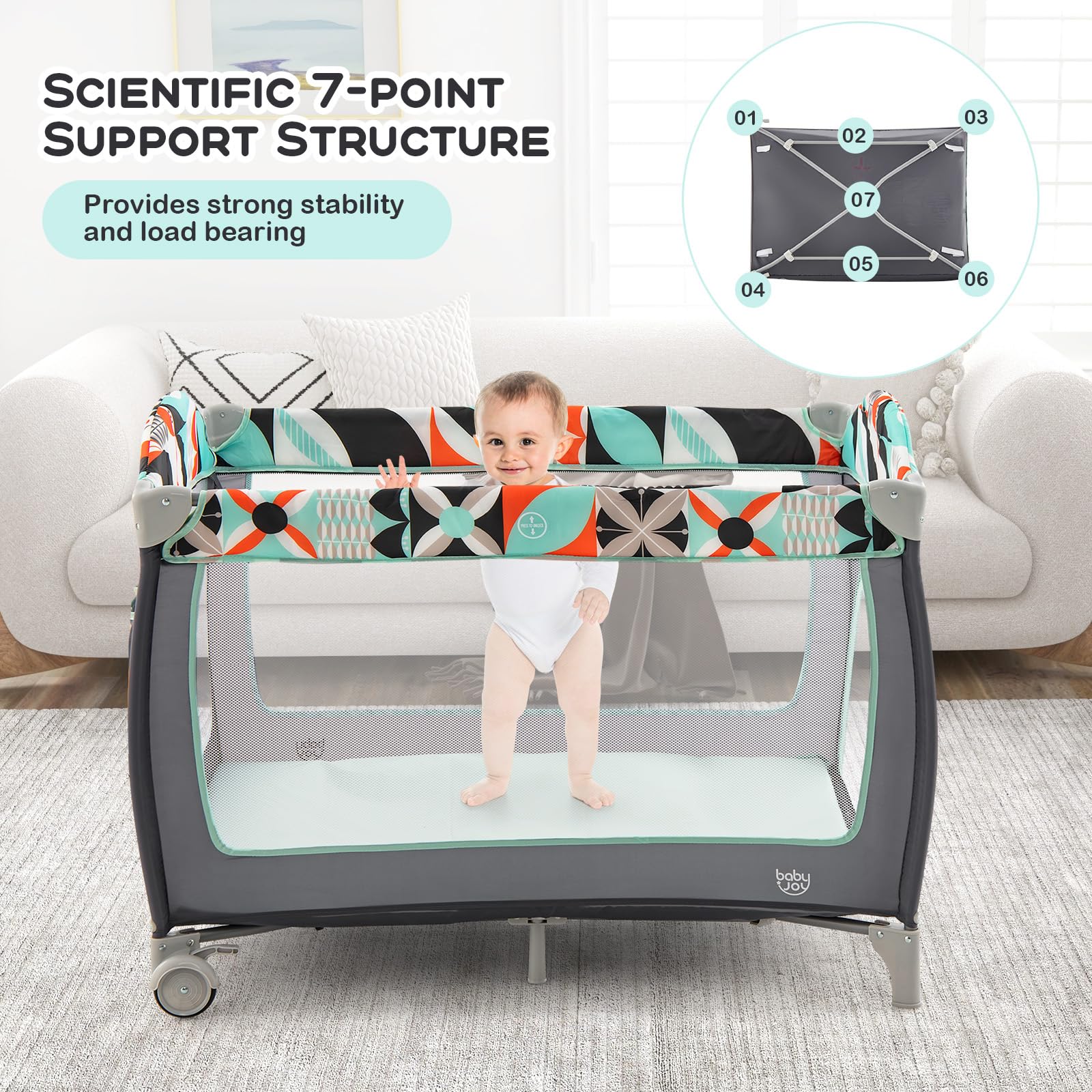 BABY JOY 4-in-1 Portable Playard with Bassinet & Changing Table | Foldable Baby Playpen with Side Zipper Door, Toy Bar & Lockable Wheels | Travel Nursery Center for Indoor, Outdoor & On-the-Go Use | Includes Carry Bag for Easy Storage & Transport