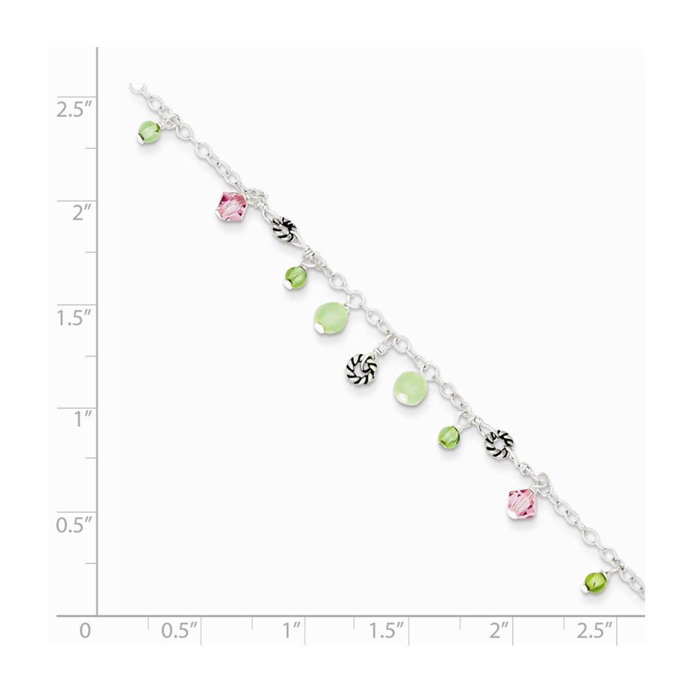 Elegant Sterling Silver Ankle Bracelet with Pink Crystal, Green Quartz & Peridot Beads | Perfect for Boho Chic, Beach Wedding & Summer Fashion Accessories