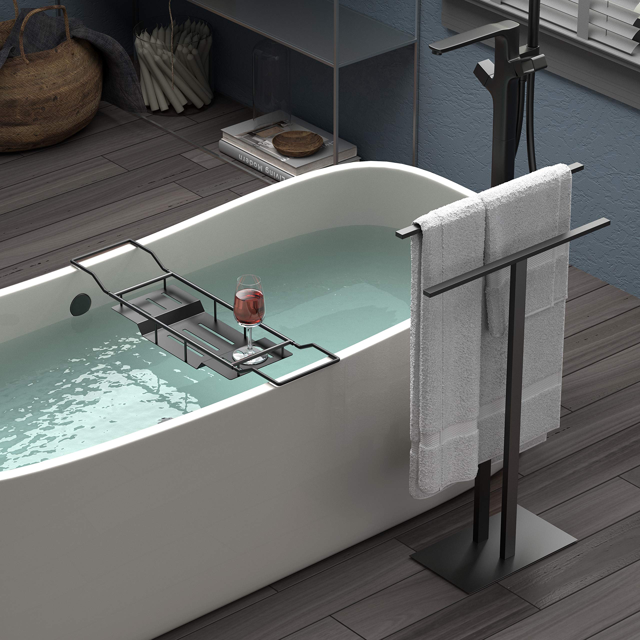Gatco 1552MX Modern Floor Standing Two-Tier Bathroom Towel Rack Holder - Matte Black Finish for Bathroom, Spa, and Luxury Hotel Decor