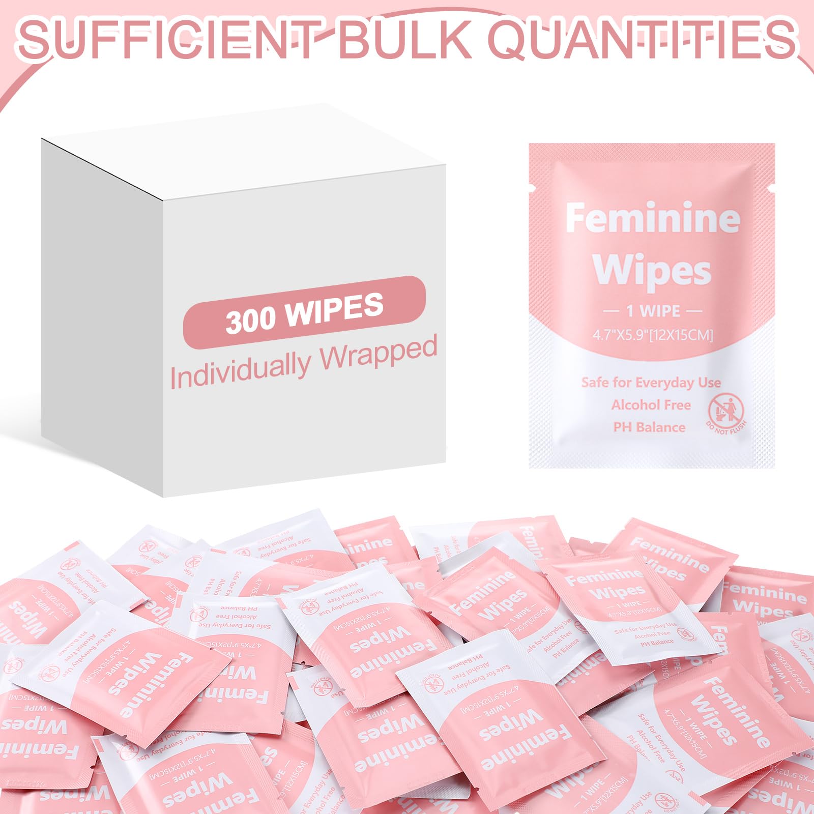 300 Count Unscented Feminine Wipes - Individually Wrapped Travel Size, pH Balanced Intimate Wipes for Women - Gentle Cleansing for Private Parts, Perfect for Travel, Gym, Daily Hygiene & On-the-Go Freshness