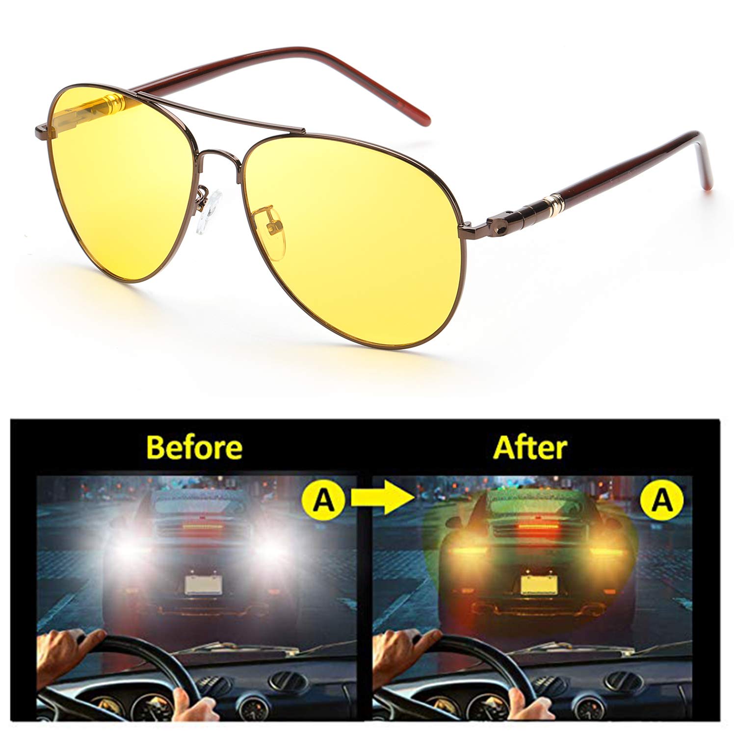 Night Vision Glasses for Women & Men - Anti Glare Polarized Yellow Lens for Night Driving - Improve Visibility & Reduce Eye Strain - Perfect for Nighttime Commuting, Road Trips & Low Light Conditions