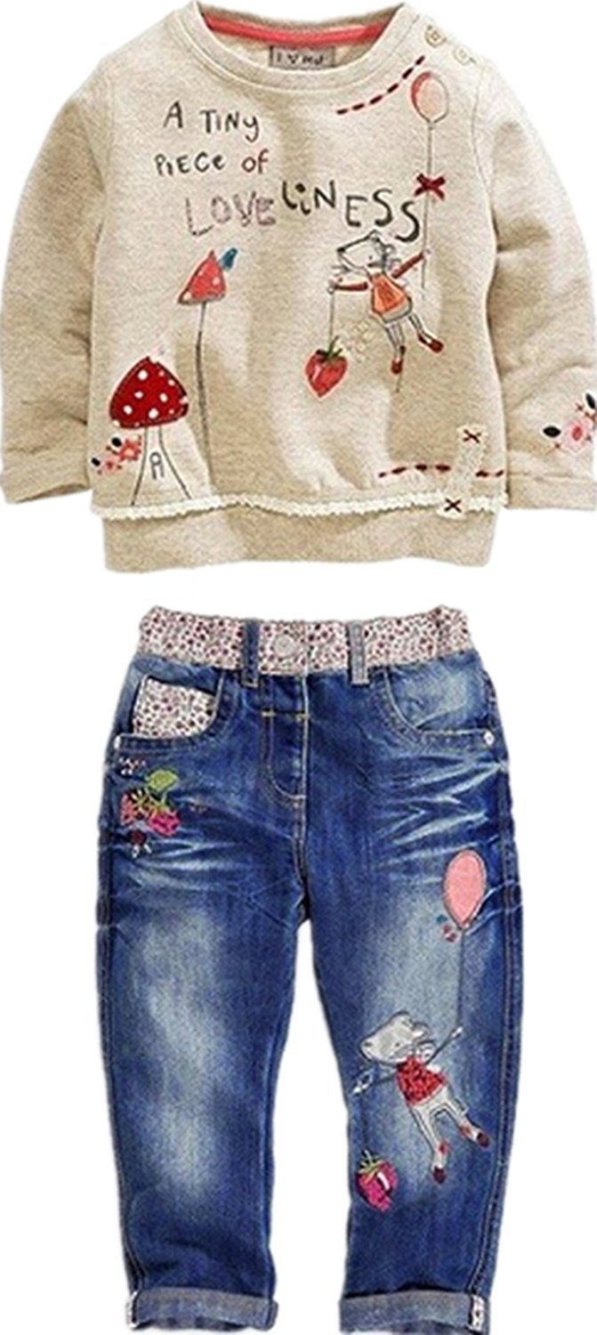 LUKYCILD Toddler Girl Clothes - 2 Piece Outfit with Long Sleeve Top & Jeans Pants with Pockets | Cute Cartoon Clothing Set for Baby Girls | Perfect for Playdates, Preschool & Family Photos