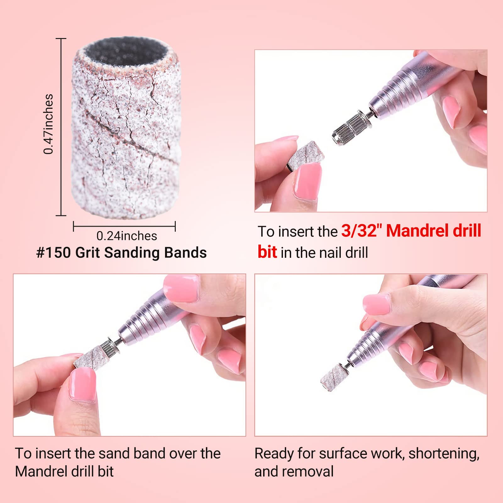 MelodySusie 100 Pcs Nail Drill Bits Sanding Bands - 150 Medium Grit Nail File Sanding Bands for Acrylic Nails, Gel Manicures & Pedicures | Professional Nail Art Tools for Salon & Home Use