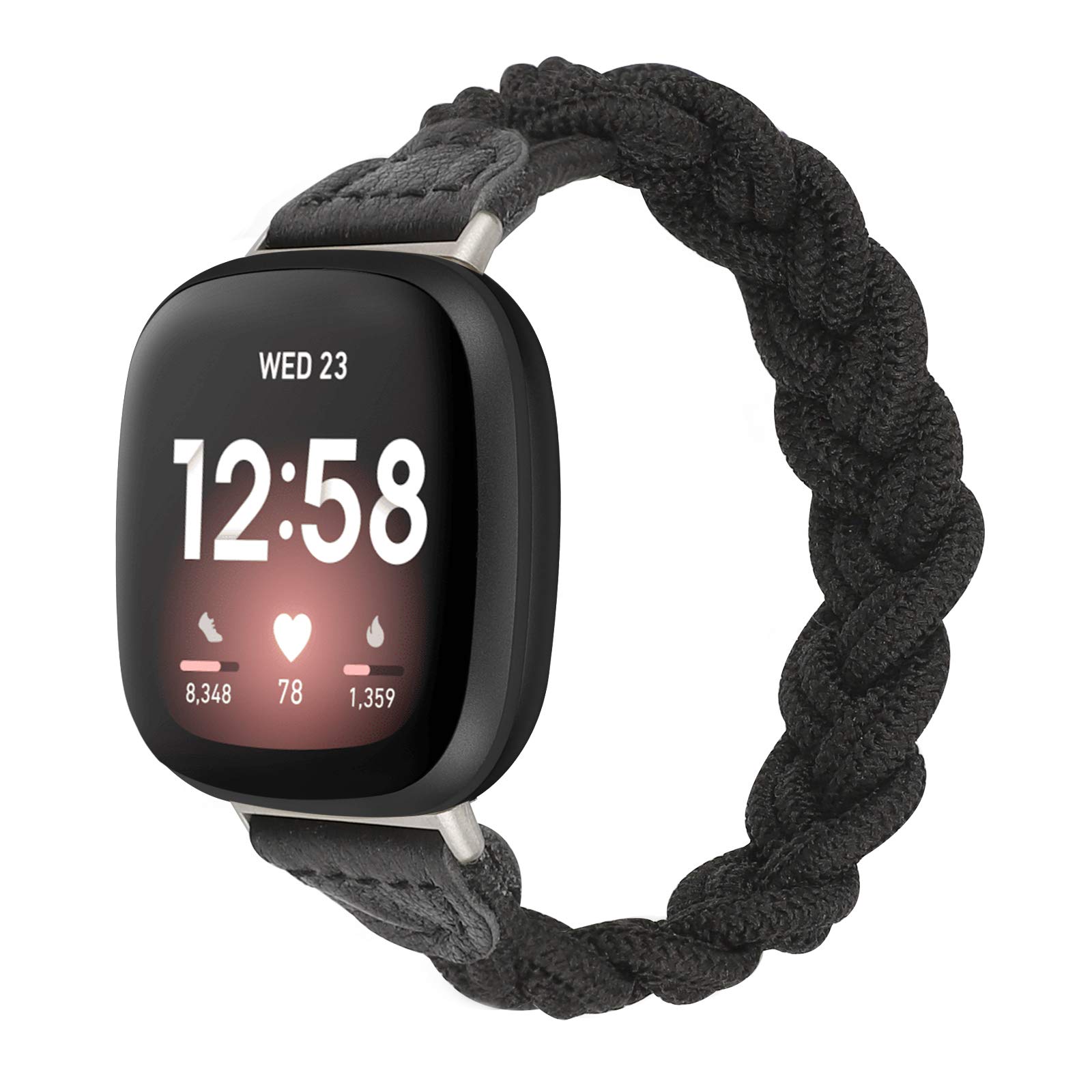 Elastic Braided Solo Loop Strap Compatible with Fitbit Sense/Sense 2/Versa 3/Versa 4 - Slim Stretchy Woven Wristband for Women (Black, Medium) - Perfect for Workouts, Running & Everyday Wear