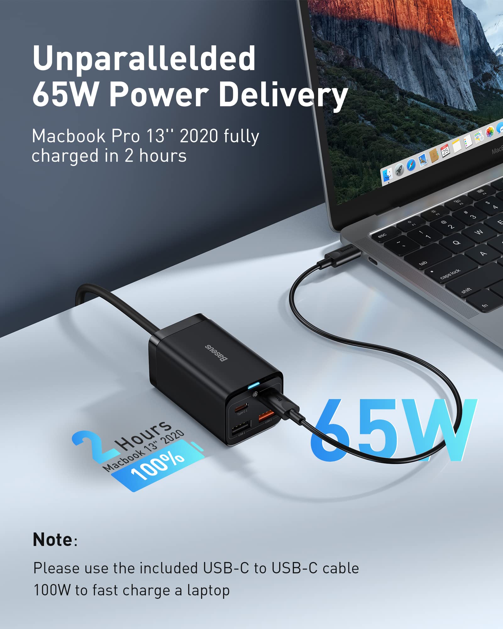 Baseus 65W PD GaN3 Fast Wall Charger Block - 4-Port USB C Charger (2USB-C + 2USB) with 5ft Cable for MacBook Pro/Air, iPhone 15/14/13, iPad Pro, Galaxy S24/S23 - Compact Travel & Home Office Charging Station