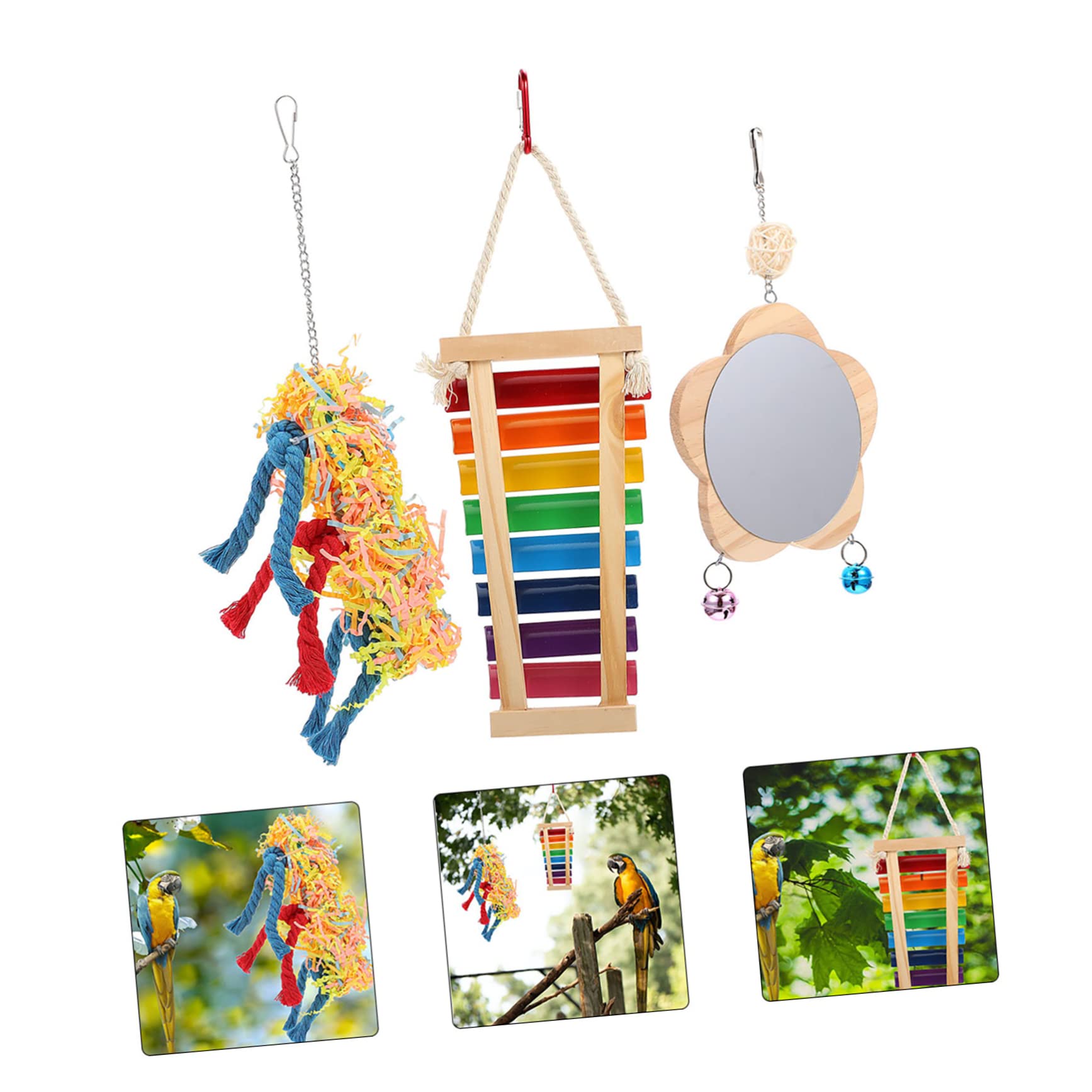 Balacoo 3-Piece Parrot Toy Set - Hanging Bell, Chewable Ladder & Pecking Toys for Birds - Natural Rattan Wooden Bird Cage Accessories - Perfect for Parrots, Cockatiels & Small Pets - Stimulating Play & Exercise Toys for Bird Cages & Chicken Coops