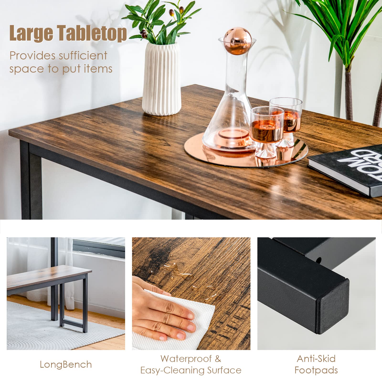 Modern 3-Piece Dining Table Set for 4 with 2 Benches - Space-Saving Kitchen & Dining Room Furniture in Brown - Perfect for Small Apartments, Breakfast Nooks & Cozy Family Meals
