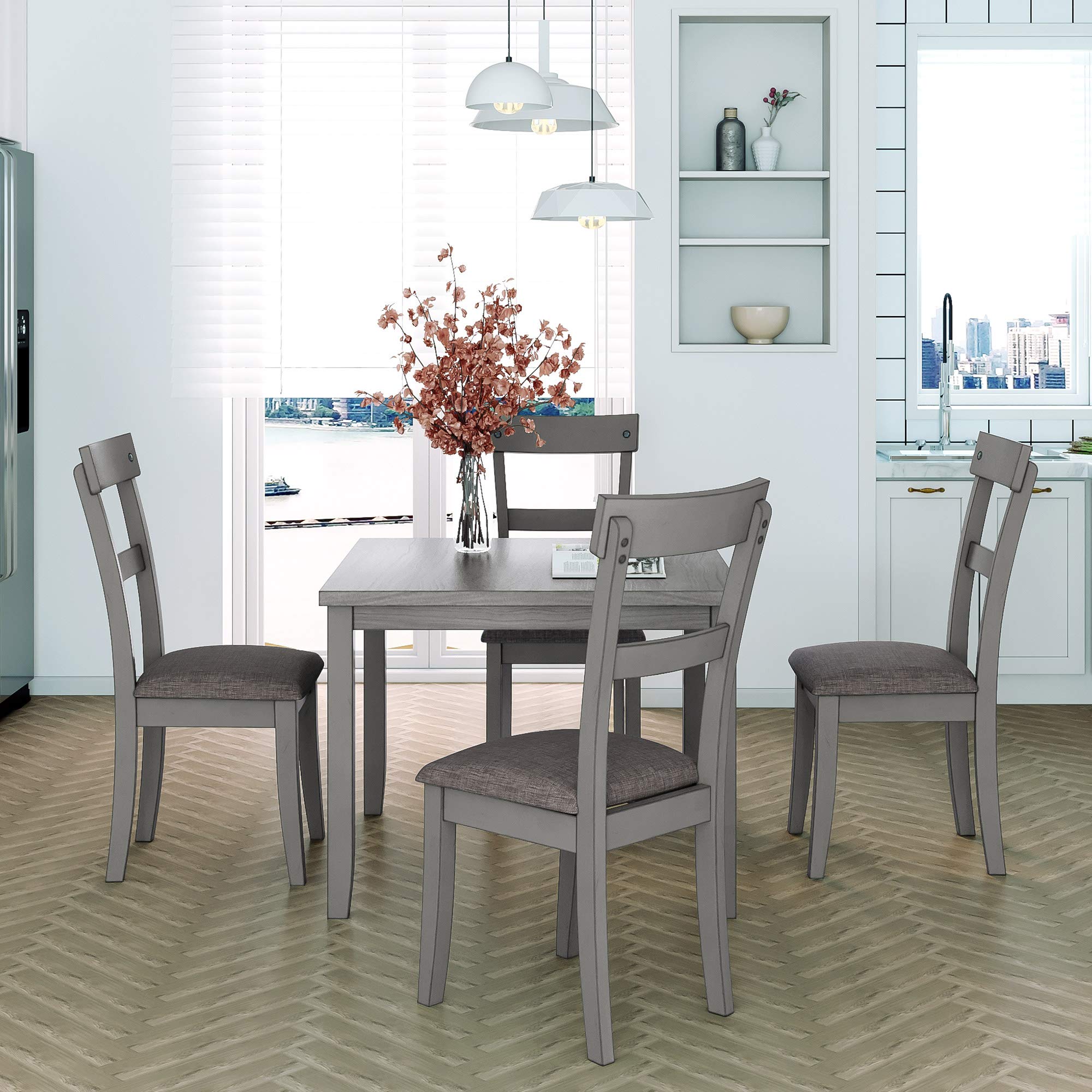 MERITLINE 5-Piece Wooden Dining Table Set with 1 Square Table & 4 High Back Chairs - Light Grey Kitchen & Dining Room Furniture for Family Meals, Entertaining Guests, and Small Space Dining