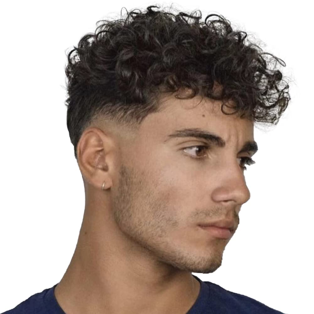Men's Curly Human Hair Toupee Replacement System - 20MM Curl All V-looped Full Skin PU Wig (10x8 Inch, Natural Black) for Thinning Hair & Baldness Cover | Perfect for Daily Wear, Special Occasions & Confidence Boost