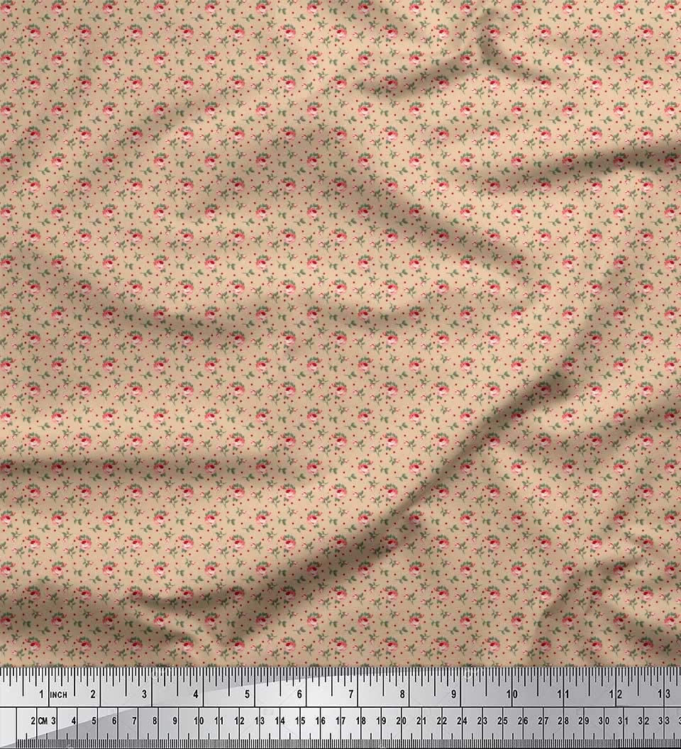 Soimoi 100% Cotton Voile Fabric - Beige Printed with Dots, Leaves & Roses - 56