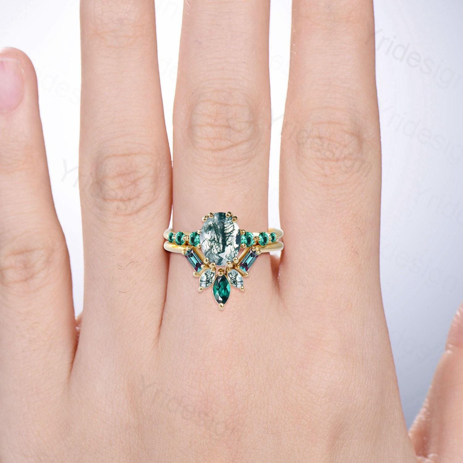 1.5CT Natural Oval Green Moss Agate Engagement Ring Set with Seven Stone Alexandrite & Emerald - Unique Bridal Jewelry for Women, Wedding, Anniversary & Special Occasions