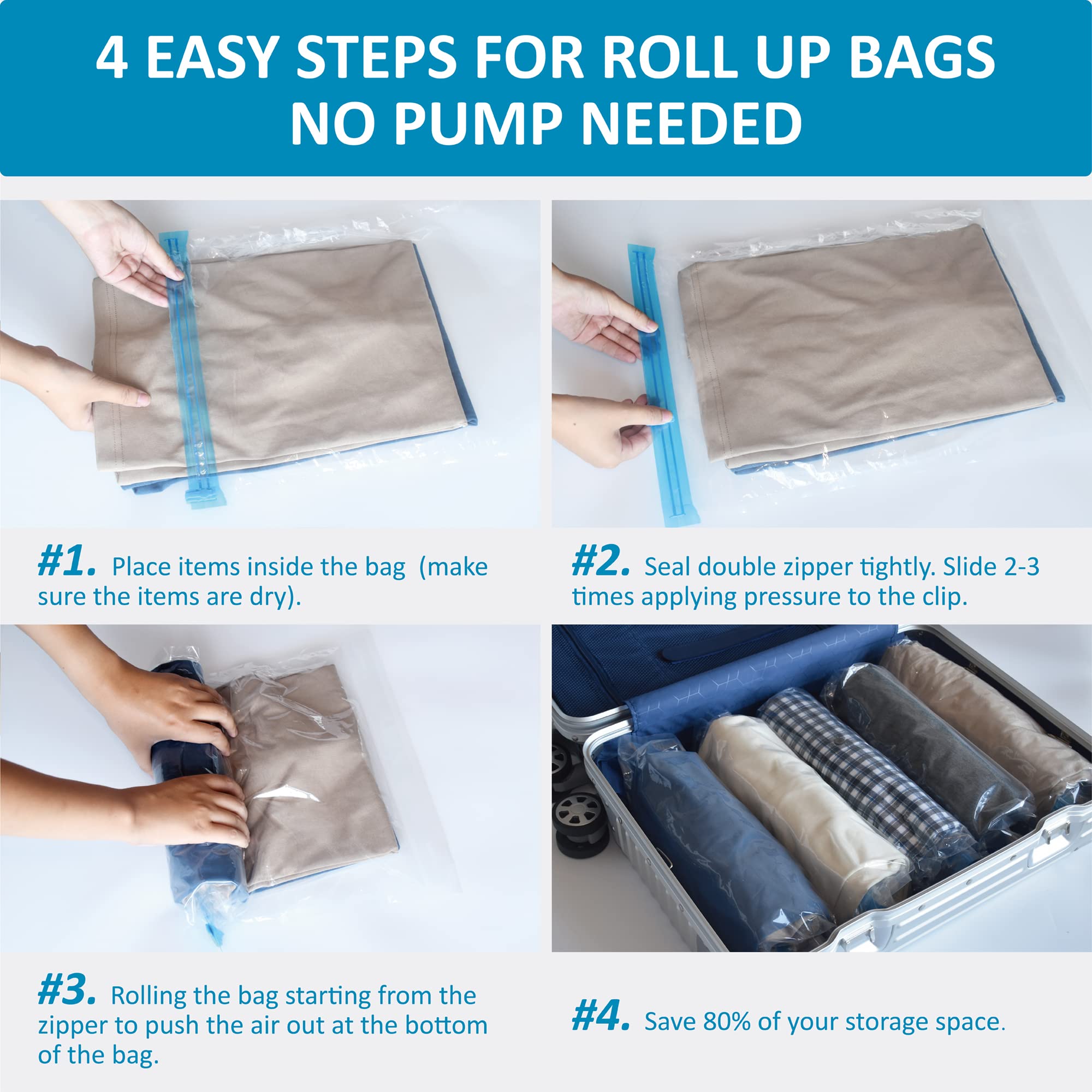 24 Pack Space Saver Compression Bags for Travel - No Vacuum Needed - Cruise Accessories & Packing Essentials | Perfect for Vacations, Camping & Closet Organization