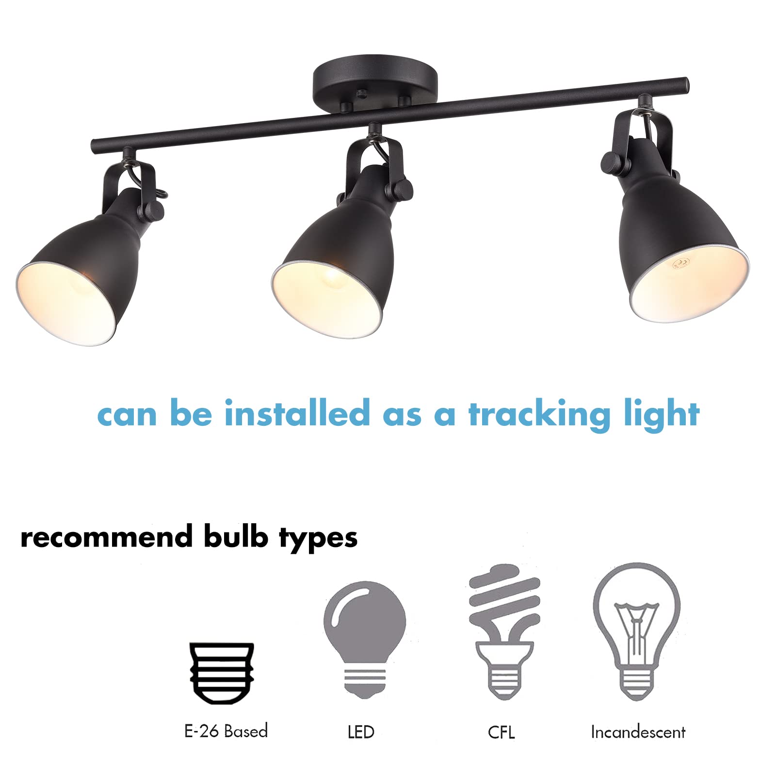YUBOLE 3-Light Industrial Wall Sconce - Matte Black Track Lighting for Wall Mount or Ceiling - Modern Metal Wall Lighting Fixture for Living Room, Bedroom, Restaurant & Office Decor