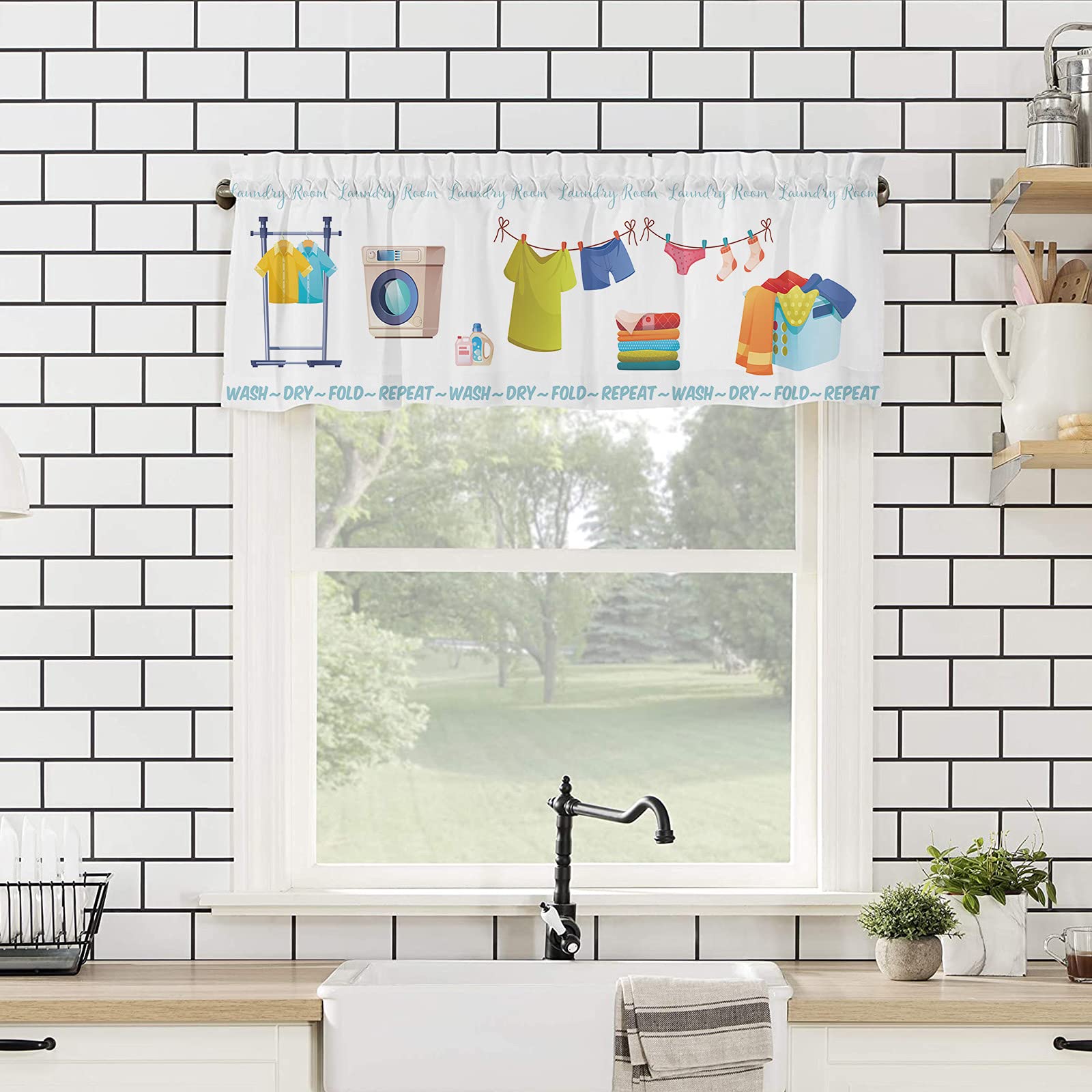 White Rod Pocket Window Valance Curtain Panel - Short Topper for Kitchen, Living Room, Bedroom & Bathroom | Drape Treatment & Cafe Curtains for Laundry Room & Dry Wash Areas | Perfect for Home Decor & Window Treatment