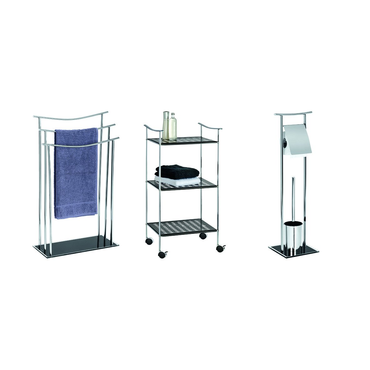 WENKO 3-Tier Rolling Bathroom Storage Cart with 3 Black Shelves - Sturdy Steel Utility Cart for Bathroom Organization (15.9