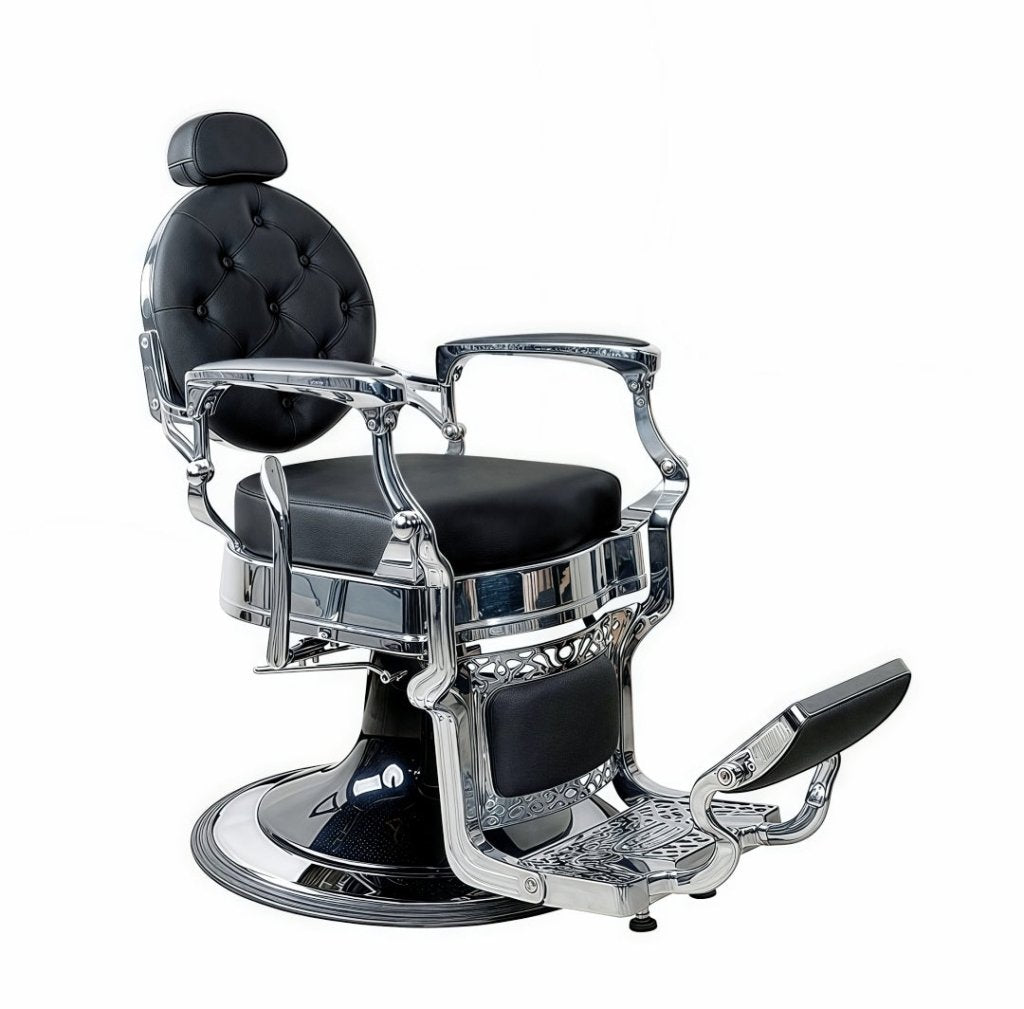Greenlife Titan Antique Barber Chair - Heavy Duty Luxury Salon Chair with Black & Silver Button Backrest | Perfect for Professional Hair Salons, Barber Shops & Home Grooming Stations