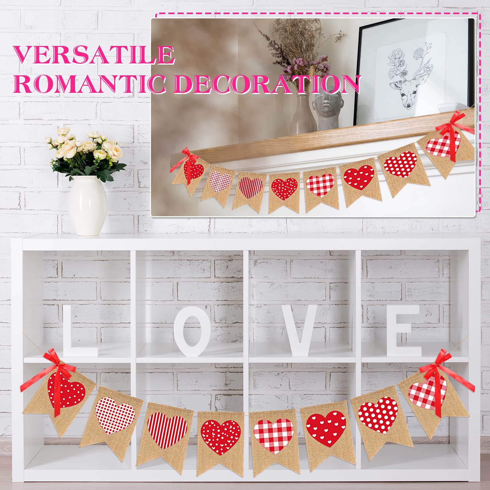 Valentine's Day Burlap Red Heart Banner Garland - Romantic Rustic Decor with Bows for Wedding, Anniversary, Birthday Party | Perfect for Home, Garden & Event Decorations