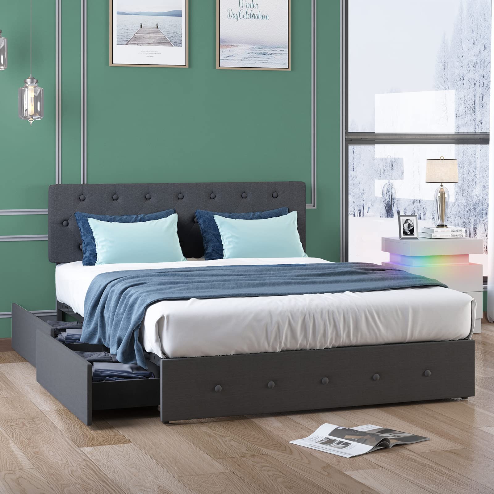 **MJkone Queen Size Platform Bed Frame with 4 Storage Drawers - Adjustable Headboard, Button Tufted Design, Wood Slat Support - No Box Spring Needed, Easy Assembly (Dark Grey) - Perfect for Small Bedrooms, Apartments & Modern Home Decor**