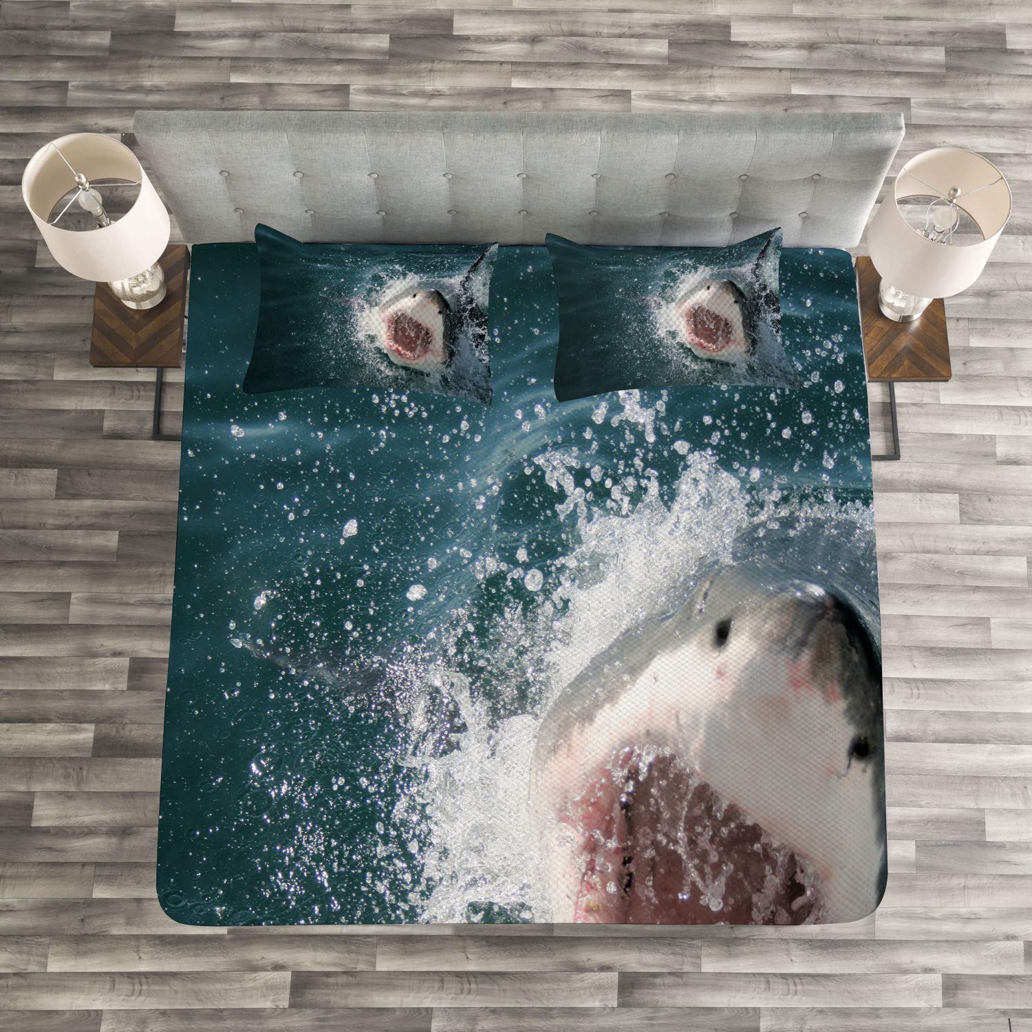 Ambesonne Shark Bedspread Set - 3 Piece King Size Ocean Animal Print Bedding with 2 Pillow Shams, Petrol Blue Grey White - Perfect for Shark Lovers' Bedroom Decor & Marine Theme Rooms