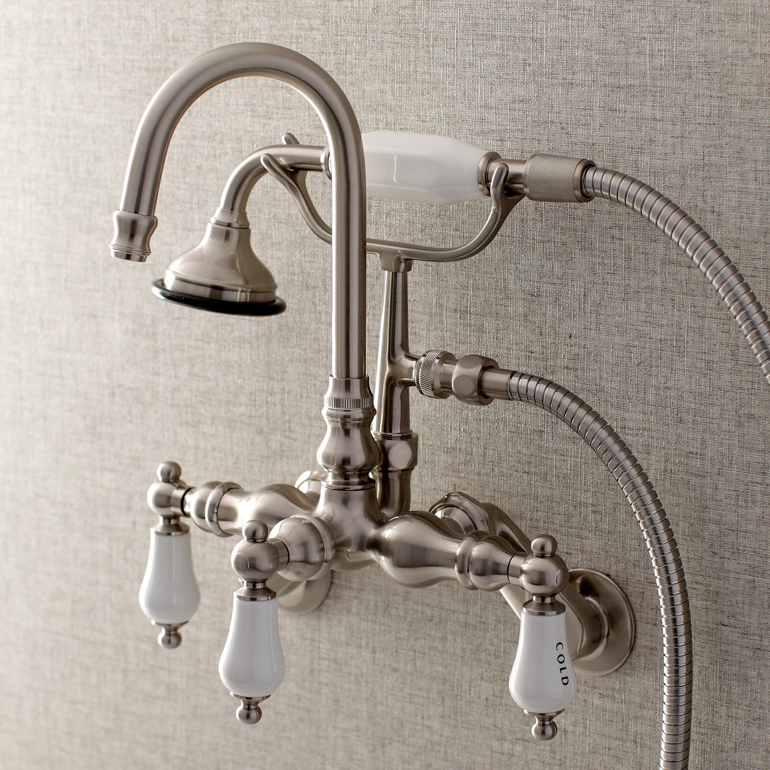 Vintage Clawfoot Tub Faucet with Hand Shower - 3 Handle Wall Mount 2 Hole Brushed Nickel Bathroom Fixture for Classic & Modern Bathrooms | Perfect for Spa, Soaking & Shower Experience