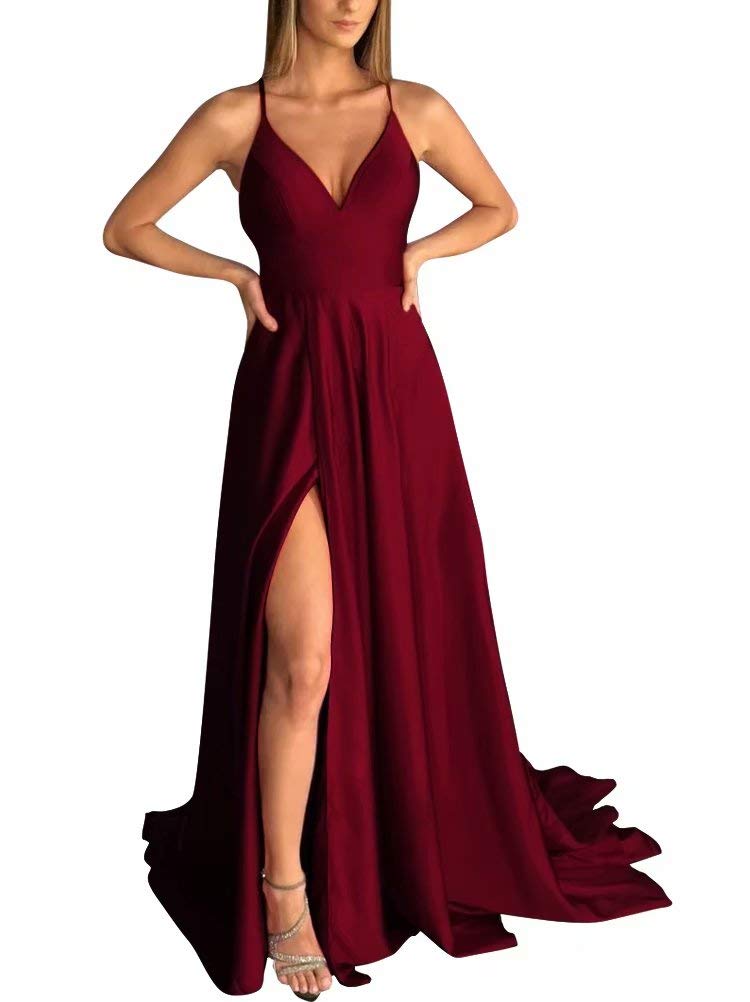Elegant Burgundy V-Neck Satin Prom Dress with High Slit - Sleeveless Long Evening Gown for Women Size 18W | Perfect for Weddings, Formal Parties & Special Occasions