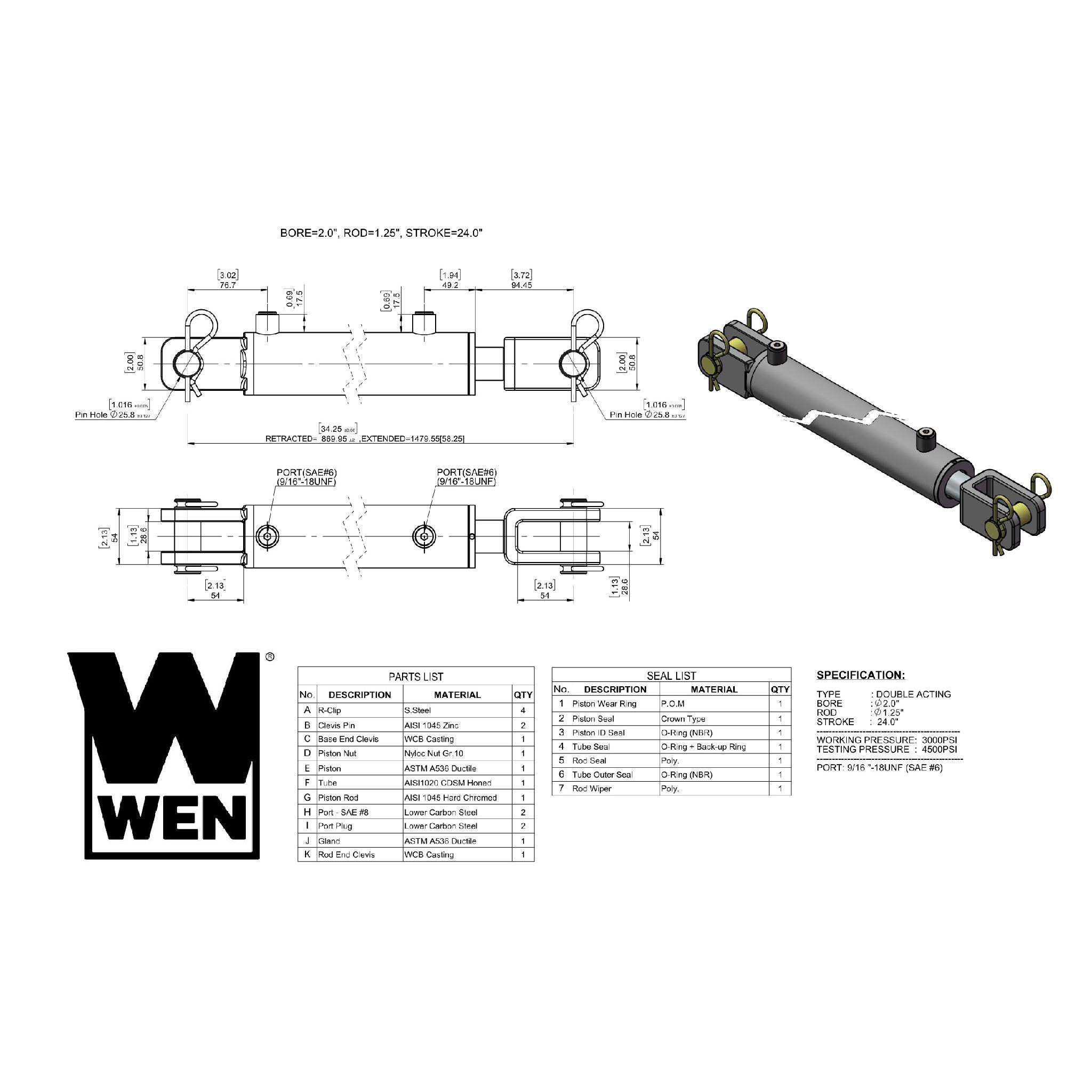 WEN CC2024 Clevis Hydraulic Cylinder - 2 Inch Bore, 24 Inch Stroke for Heavy-Duty Industrial Equipment and Machinery Applications