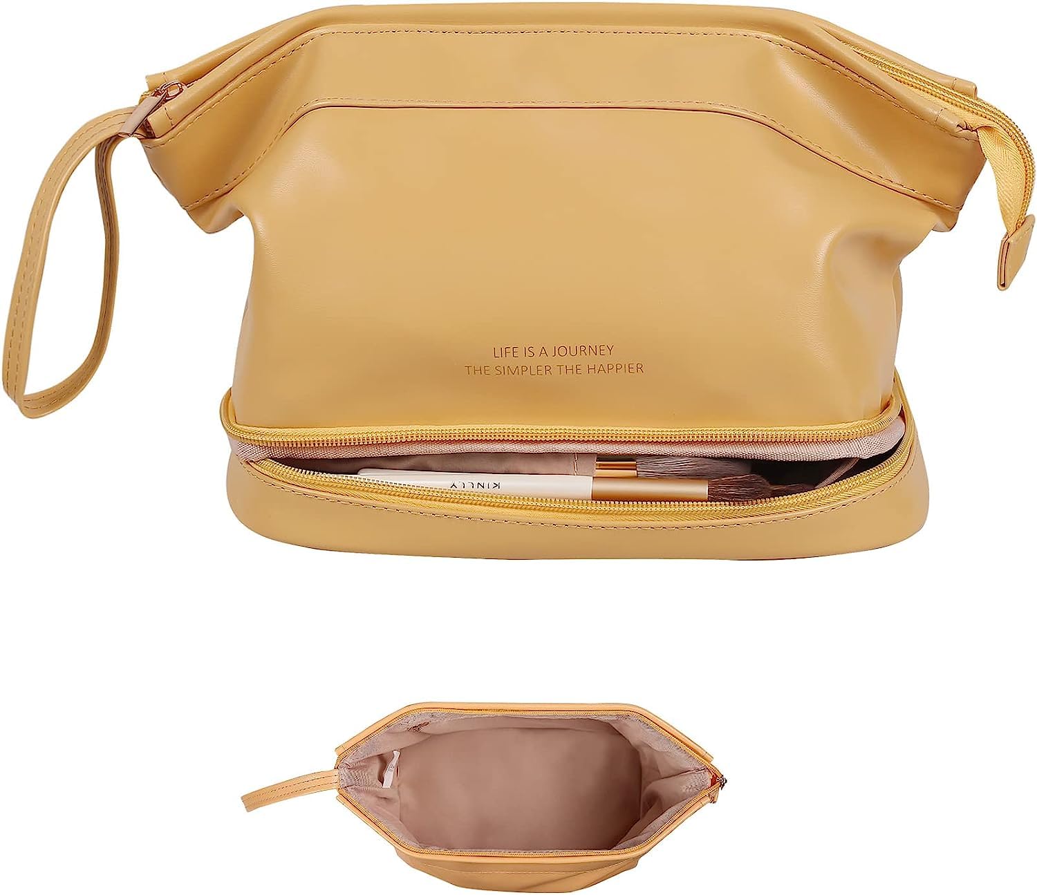 BUYORY Leather Makeup Organizer for Women & Girls - 13cm Travel Cosmetic Bag with Large Zipper | Portable Leather Toiletry Case for Travel, Home, and Daily Use (Yellow)
