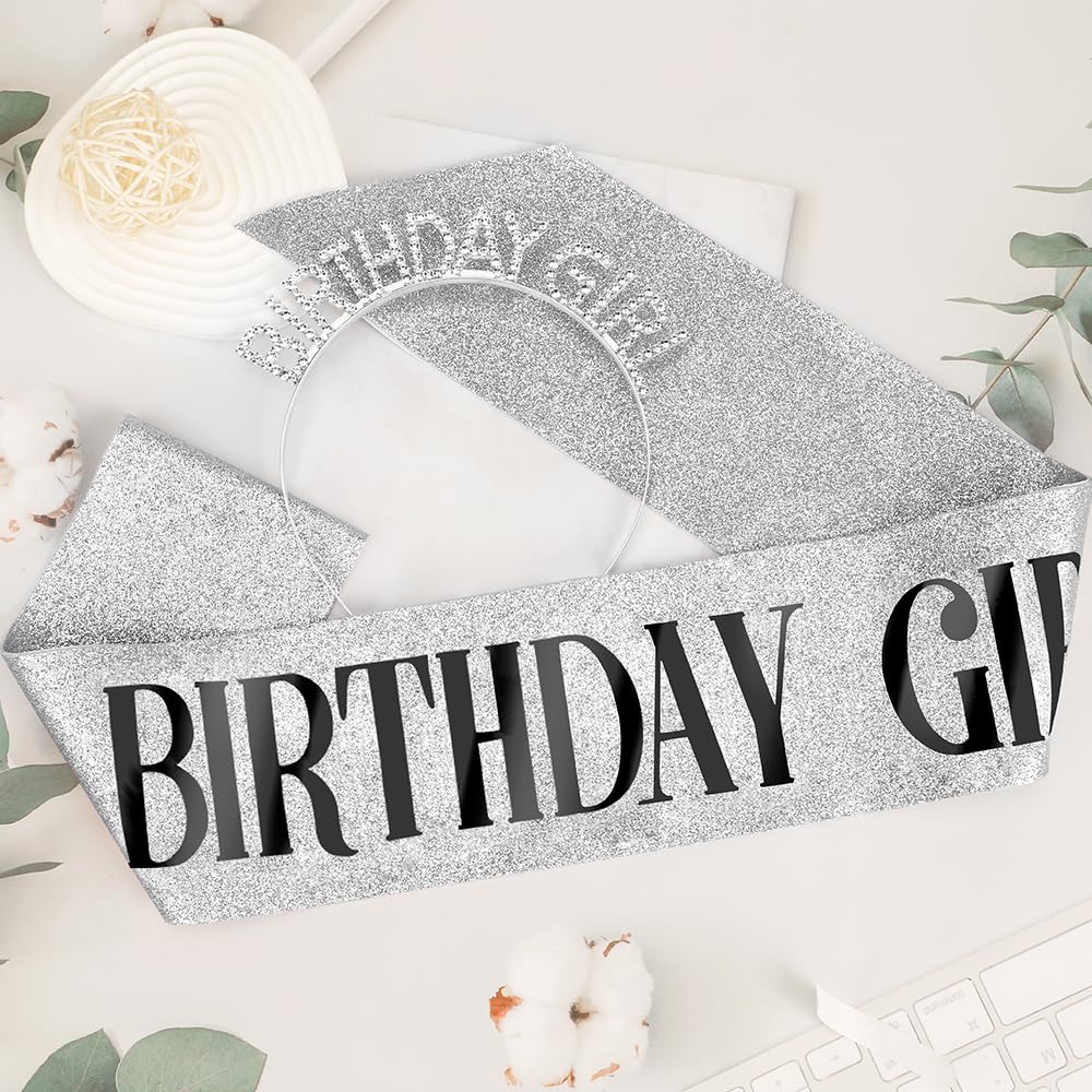Glitter Silver Birthday Sash & Crown Set for Women - Rhinestone Tiara Headband & Birthday Girl Sash Accessories | Perfect for Princess-Themed Parties, Bachelorette Celebrations & Special Occasions