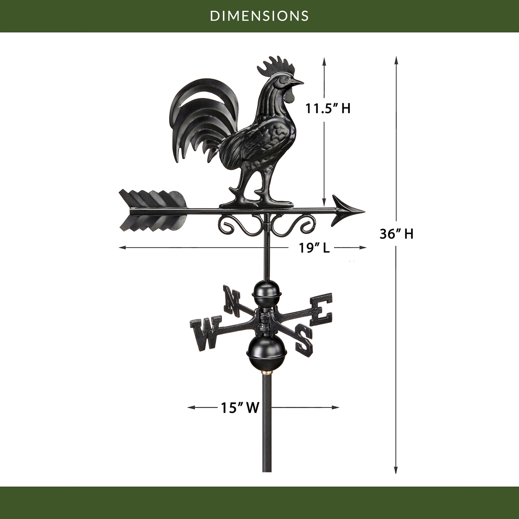 Black Aluminum Bantam Rooster Weathervane - Classic Farmhouse Decor for Garden, Barn, or Roof - Durable Outdoor Weather Resistant Design