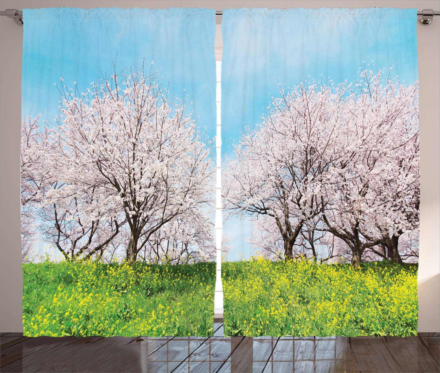 Ambesonne Floral Curtains - Japanese Spring Scenery with Wildflowers & Cherry Blossoms, Pink Aqua Green Panoramic Print, 2 Panel Set (108x84 Inches) for Living Room & Bedroom Window Drapes - Perfect for Spring Decor & Cozy Home Atmosphere