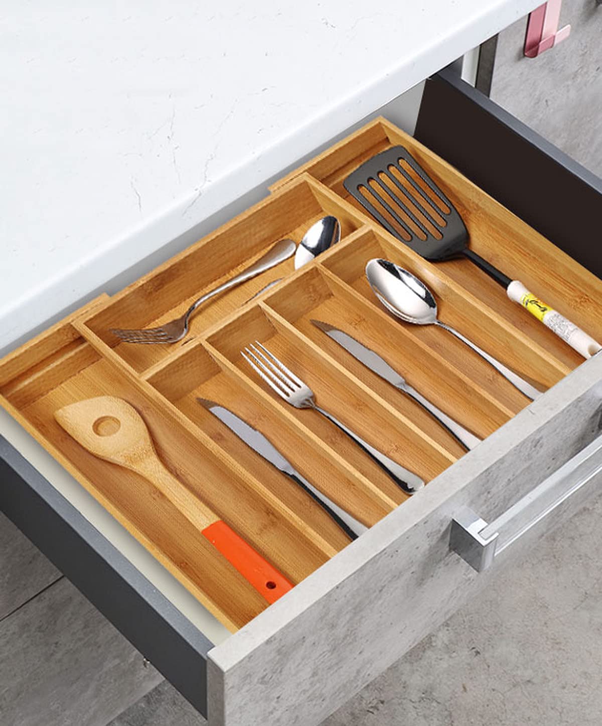 **Utoplike Bamboo Cutlery Tray & Silverware Organizer - Kitchen Drawer Divider for Knives, Utensils, Gadgets & Garage Tools - Office Supplies Storage Solution for Home & Office**    *(Perfect for organizing kitchen drawers, decluttering utensils, storing garage tools, or keeping office supplies neatly arranged.)*