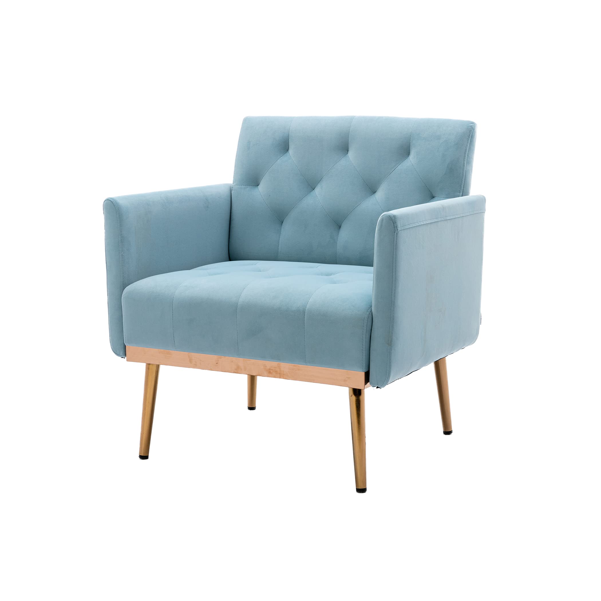 Velvet Accent Chair with Golden Metal Legs - Square Single Sofa Chair for Living Room, Bedroom, Coffee & Reception Areas - Light Blue Modern Lounge Seating for Home & Office Decor