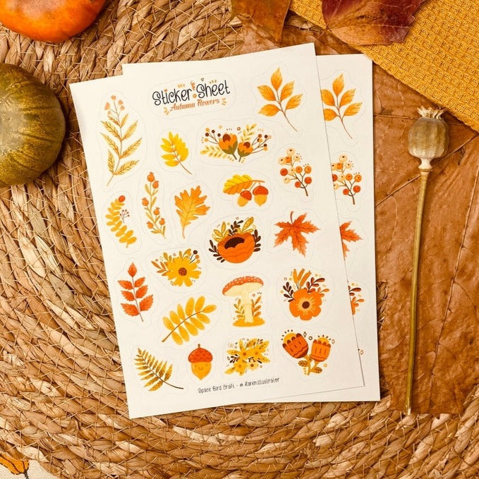 Autumn Flowers Sticker Sheet - Fall-Themed Decorative Stickers for Scrapbooking, Journals, Planners & DIY Crafts | Waterproof Vinyl Stickers for Laptops, Phones & Home Decor