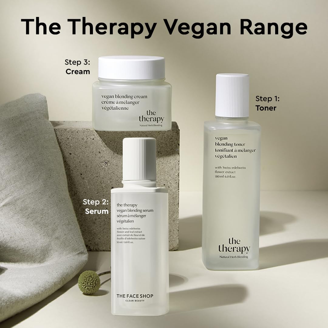 The Face Shop The Therapy Vegan Blending Cream - Organic Anti-Aging Face Moisturizer for Elasticity & Hydration | 2-in-1 Gel-Cream Formula | Cruelty-Free, Refillable K-Beauty Skincare | Perfect for Daily Routine & Night Care