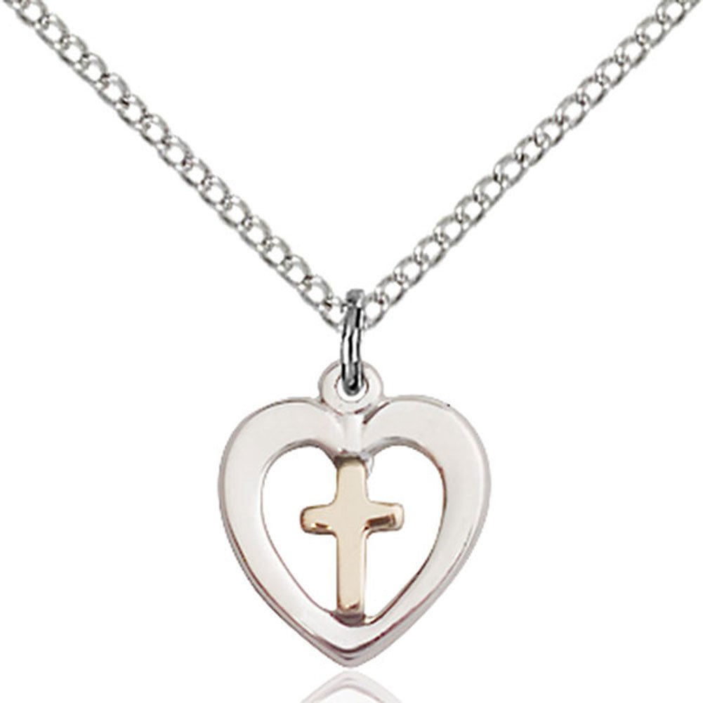 Women's Sterling Silver Two-Tone Heart Cross Pendant Necklace with 18