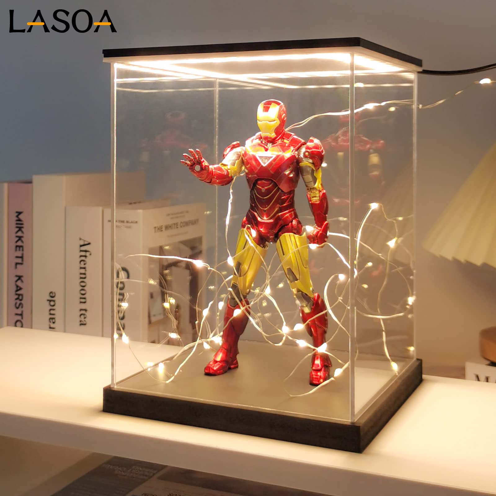 LASOA Acrylic Display Case with LED Lights - 12x12x12 Inch Clear Collectible Showcase Box for Figurines, Memorabilia & Action Figures - Black Base & Lid, Easy Self-Assembly - Perfect for Home Decor, Office Display & Gift Presentation (30x30x30cm)