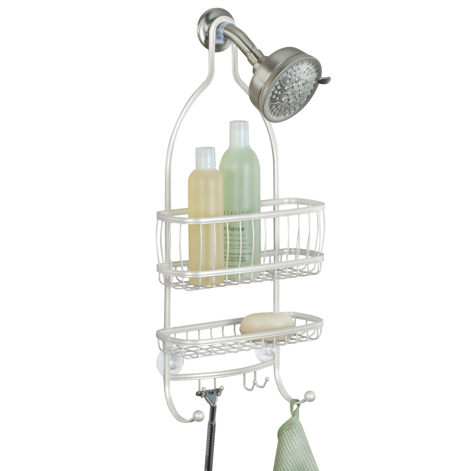 iDesign York Metal Wire Hanging Shower Caddy - Extra Wide Space for Shampoo, Conditioner & Soap - Includes Hooks for Razors, Towels & More - 10