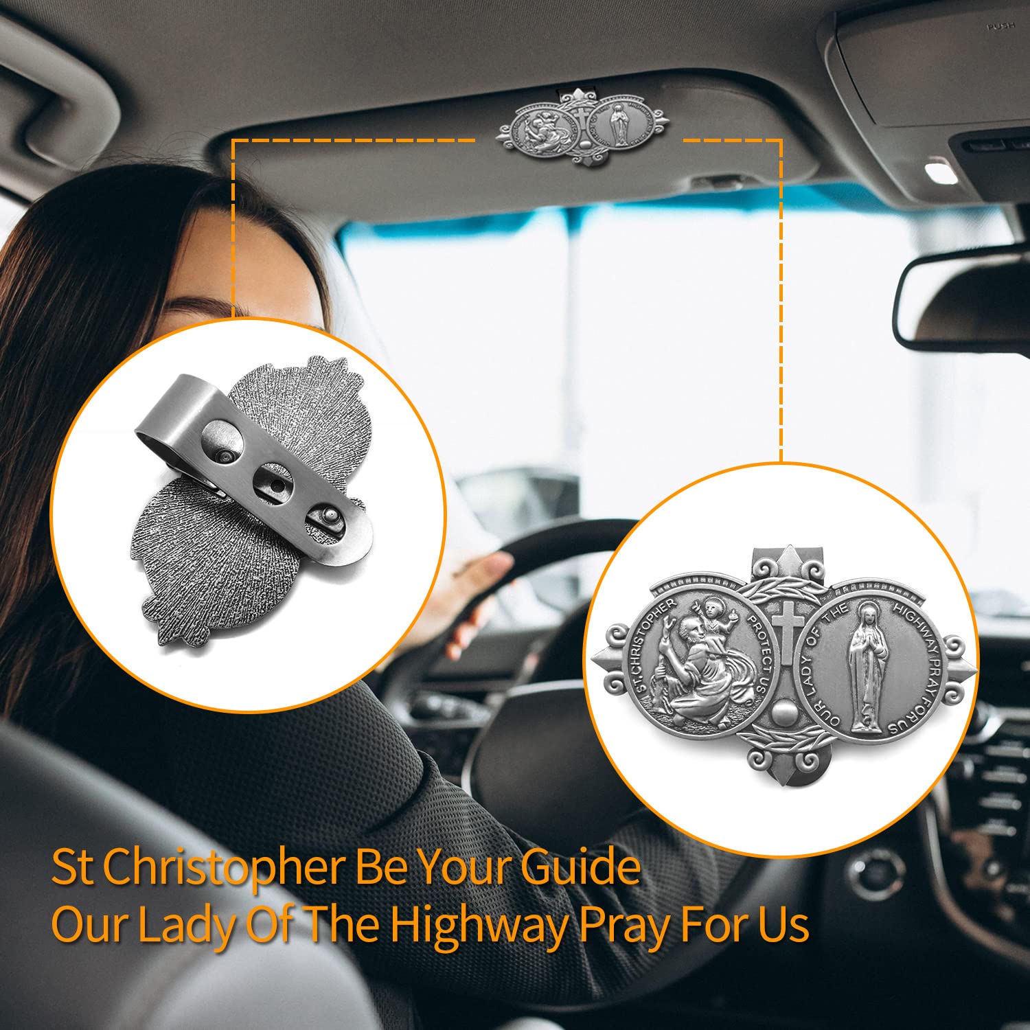 Saint Christopher Medal for Car Visor Clip - Religious Car Travel Accessories for Safe Driving - Perfect Gift for Drivers & Road Trip Protection (Saint Christopher & Our Lady of The Highway) - Ideal for Long Distance Travel, Commuting and Highway Safety